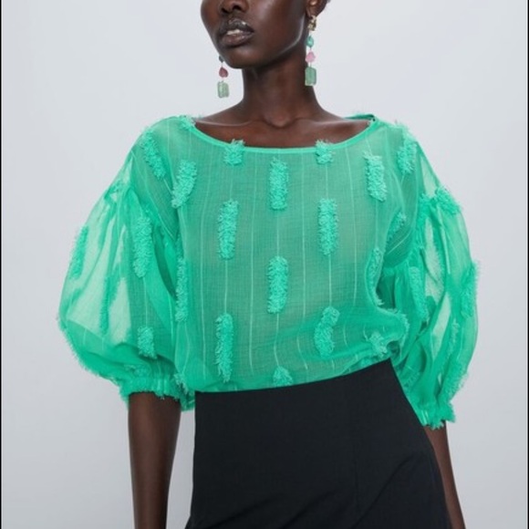 Zara Sheer Green Puff Sleeve Blouse - Picture 1 of 7